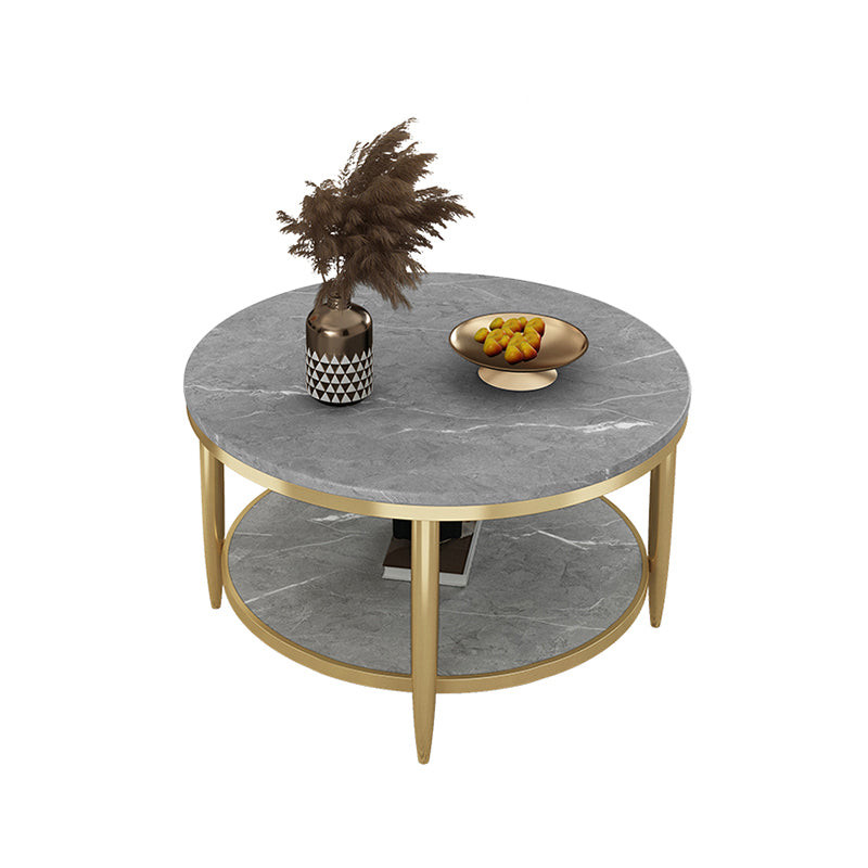 Glam Style Round Slate Table Plate Metal 4 Leg Base with Storage Rack Coffee Table