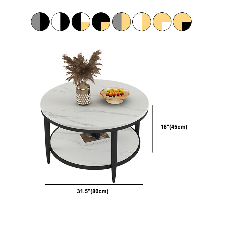 Glam Style Round Slate Table Plate Metal 4 Leg Base with Storage Rack Coffee Table