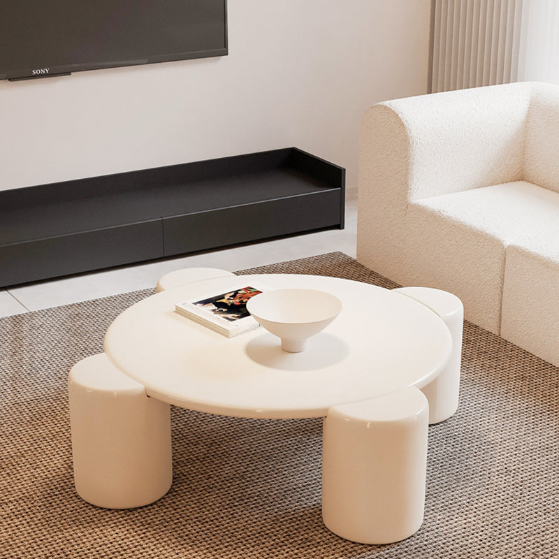 Solid Wood 4 Legs Coffee Table Minimalist Round Accent Table in White/Gray