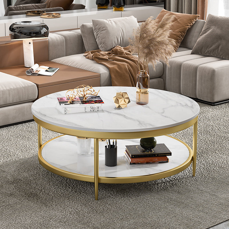 17.7" H Glam Round Slate Coffee Table Metal 4 Legs Cocktail Table with Shelf