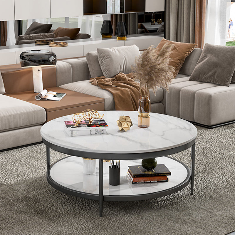 17.7" H Glam Round Slate Coffee Table Metal 4 Legs Cocktail Table with Shelf