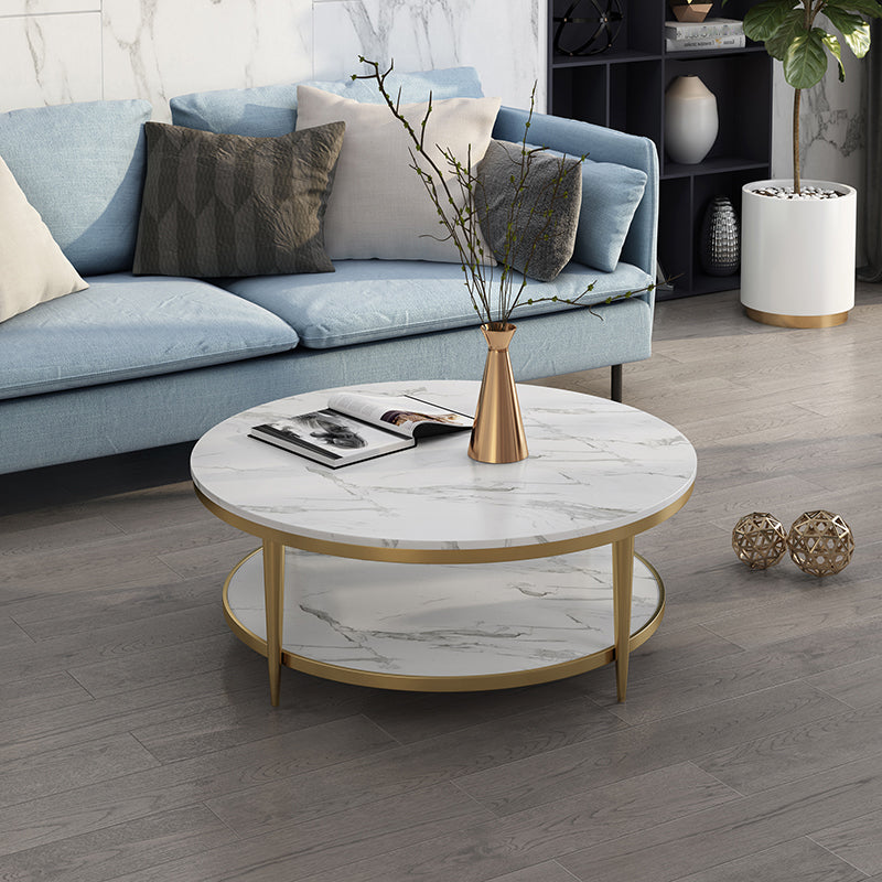 17.7" H Glam Round Slate Coffee Table Metal 4 Legs Cocktail Table with Shelf