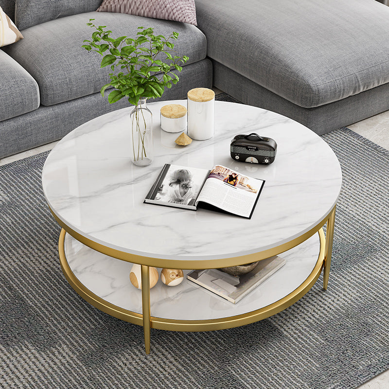 17.7" H Glam Round Slate Coffee Table Metal 4 Legs Cocktail Table with Shelf