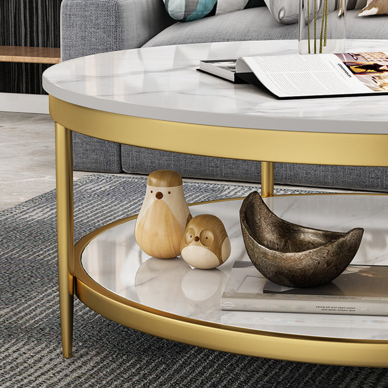 17.7" H Glam Round Slate Coffee Table Metal 4 Legs Cocktail Table with Shelf