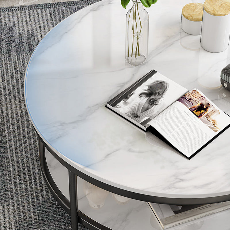 17.7" H Glam Round Slate Coffee Table Metal 4 Legs Cocktail Table with Shelf