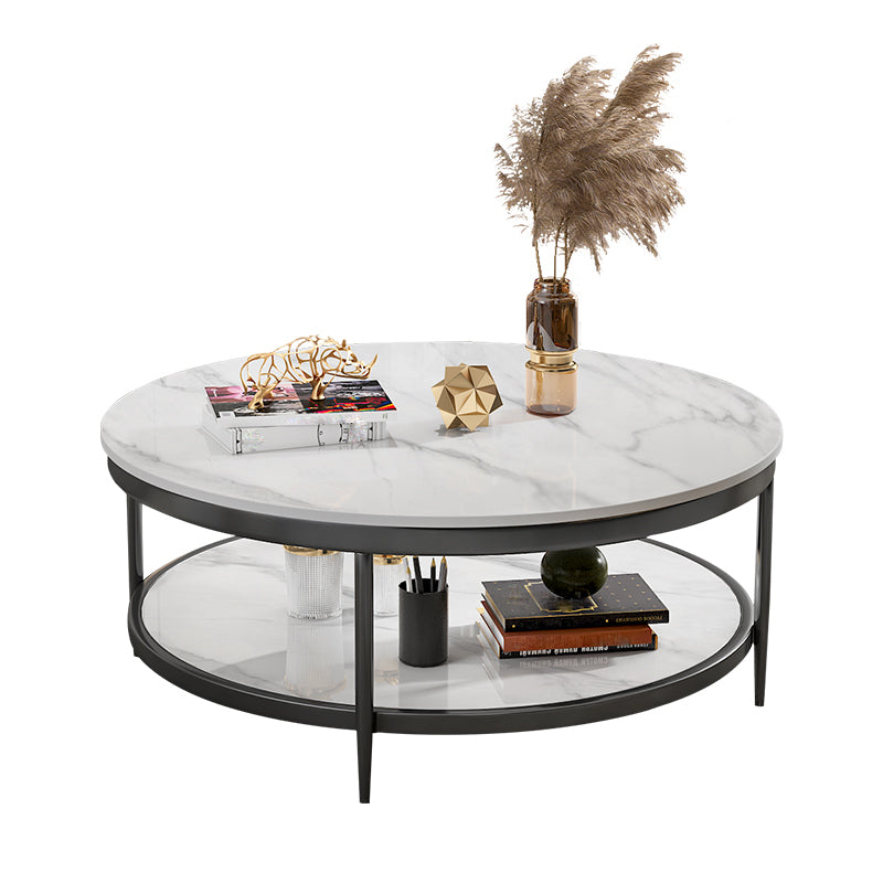17.7" H Glam Round Slate Coffee Table Metal 4 Legs Cocktail Table with Shelf