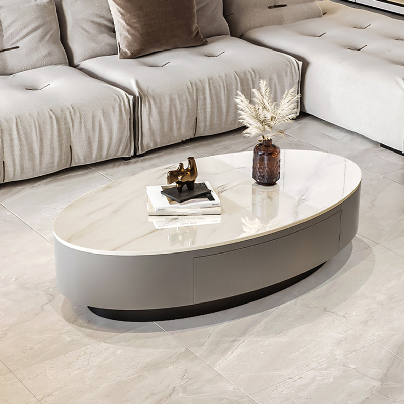 Glam 13.7" H Oval Slate Coffee Table Iron Drum Cocktail Table with Drawer