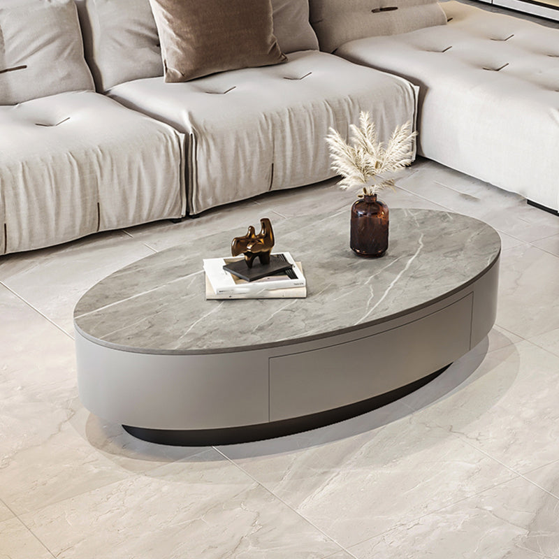 Glam 13.7" H Oval Slate Coffee Table Iron Drum Cocktail Table with Drawer