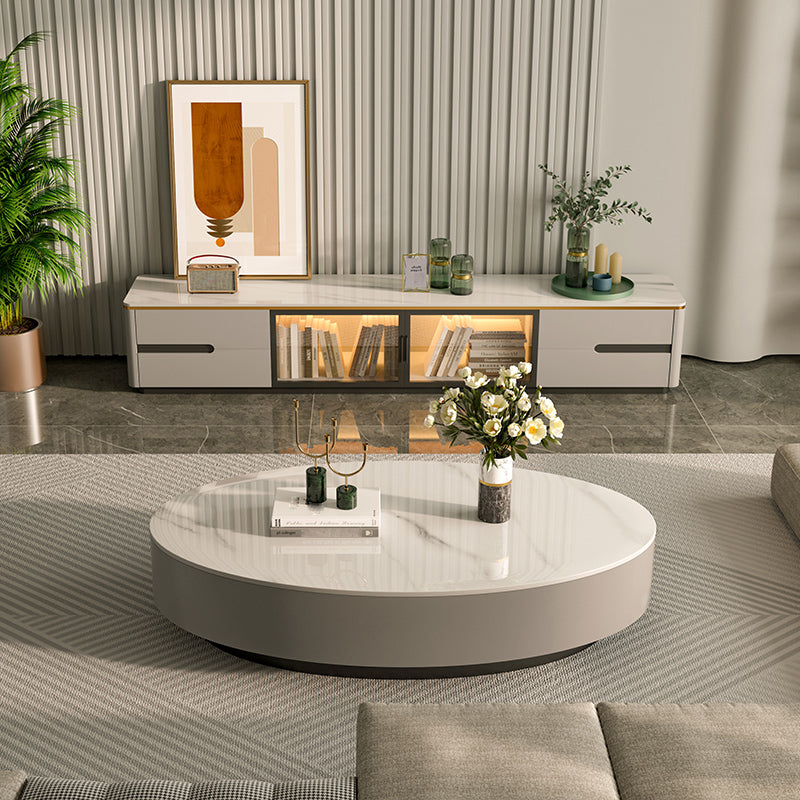 Glam 13.7" H Oval Slate Coffee Table Iron Drum Cocktail Table with Drawer