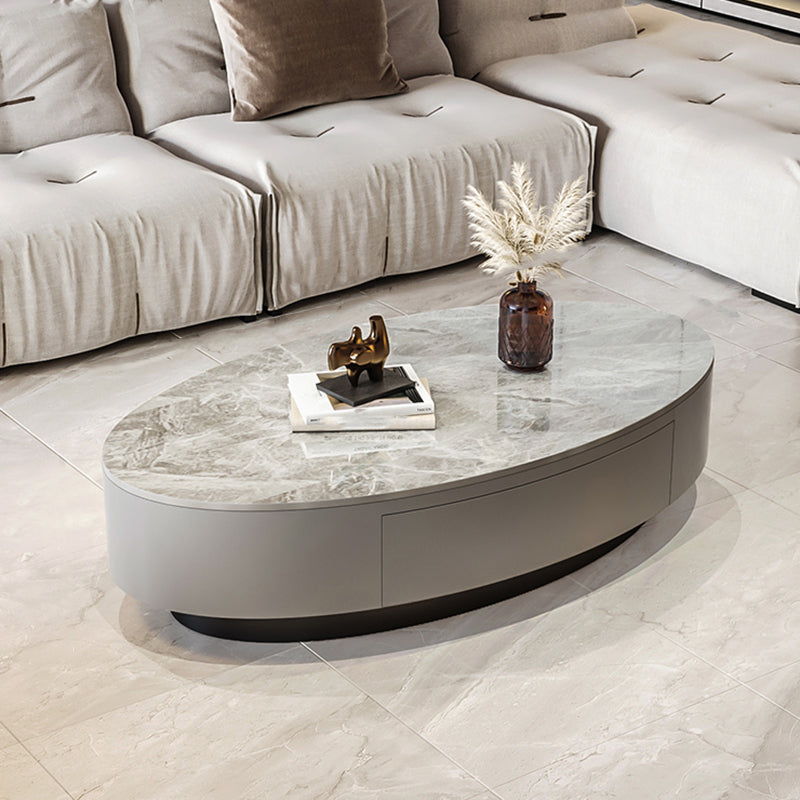 Glam 13.7" H Oval Slate Coffee Table Iron Drum Cocktail Table with Drawer