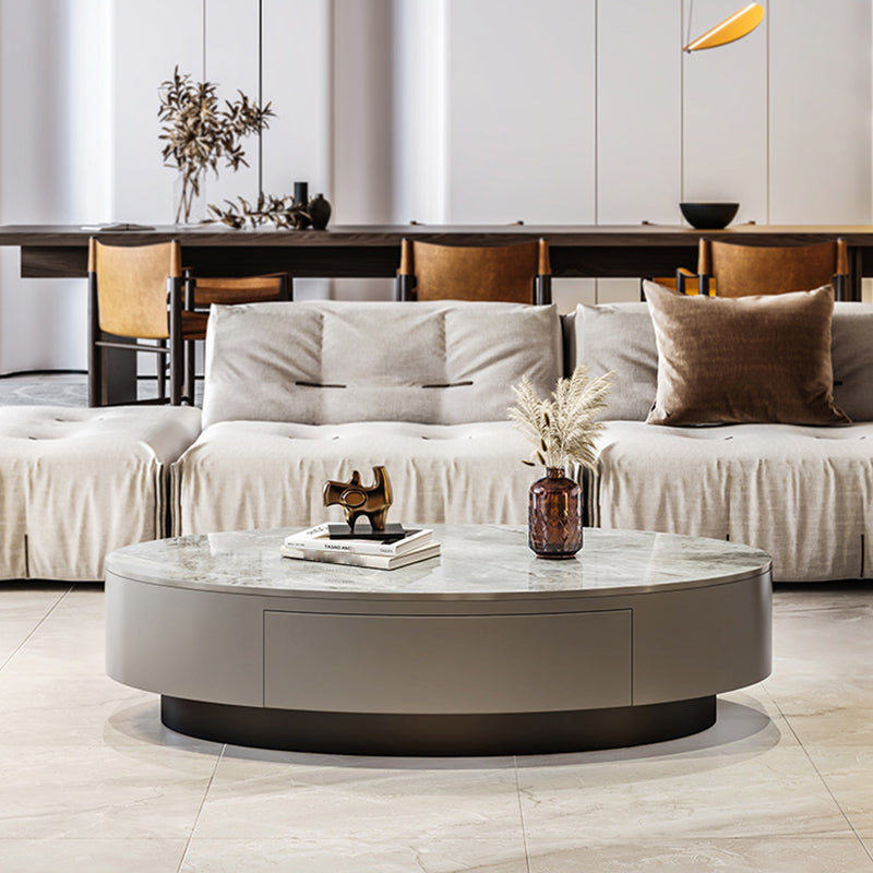 Glam 13.7" H Oval Slate Coffee Table Iron Drum Cocktail Table with Drawer