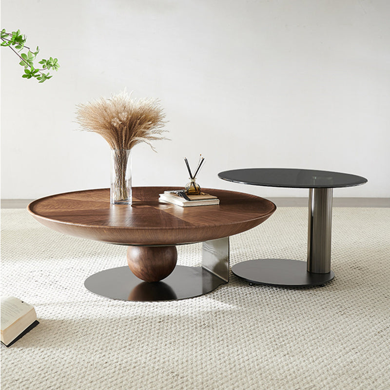 Mid-Century Modern Round Wood/Glass Coffee Table Metal Base Accent Table