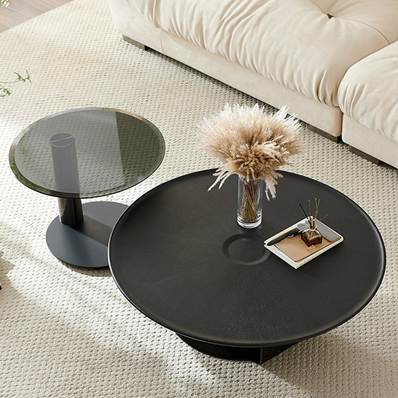 Mid-Century Modern Round Wood/Glass Coffee Table Metal Base Accent Table