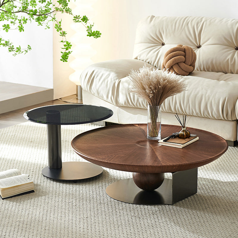 Mid-Century Modern Round Wood/Glass Coffee Table Metal Base Accent Table