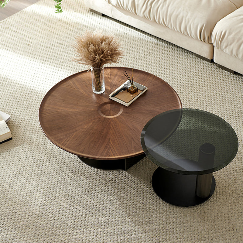 Mid-Century Modern Round Wood/Glass Coffee Table Metal Base Accent Table