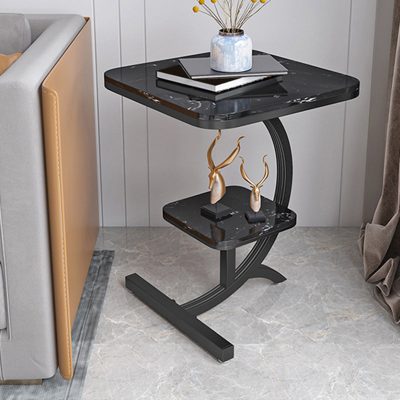 Double Tier Square Slate Top End Table Metal C Side Table for Living Room