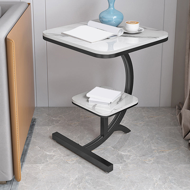 Double Tier Square Slate Top End Table Metal C Side Table for Living Room