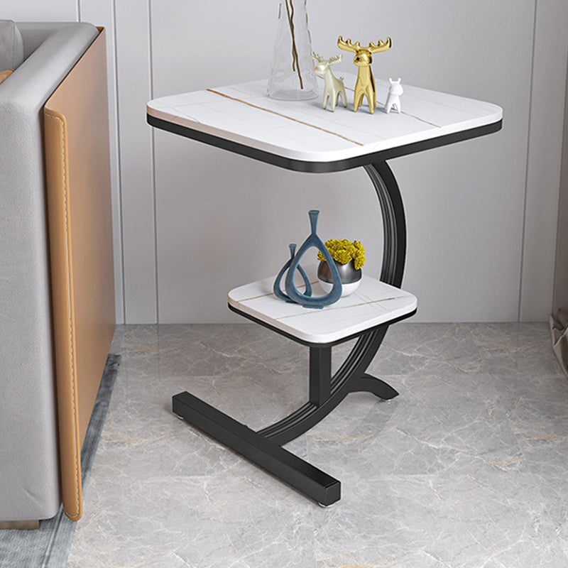 Double Tier Square Slate Top End Table Metal C Side Table for Living Room