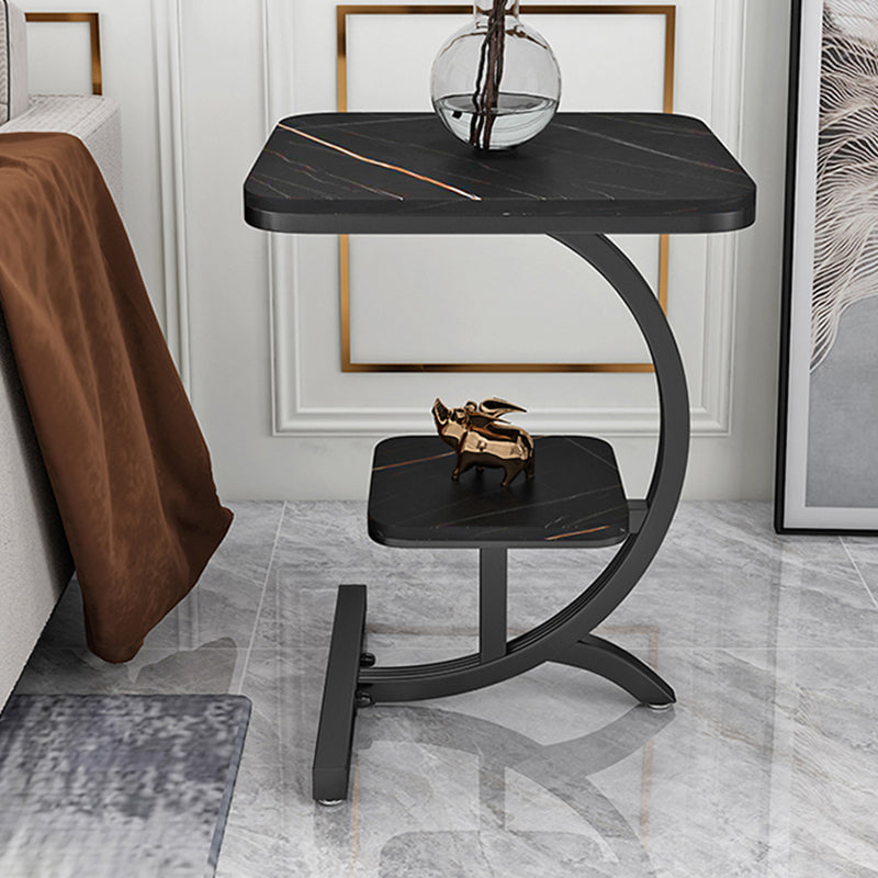 Double Tier Square Slate Top End Table Metal C Side Table for Living Room