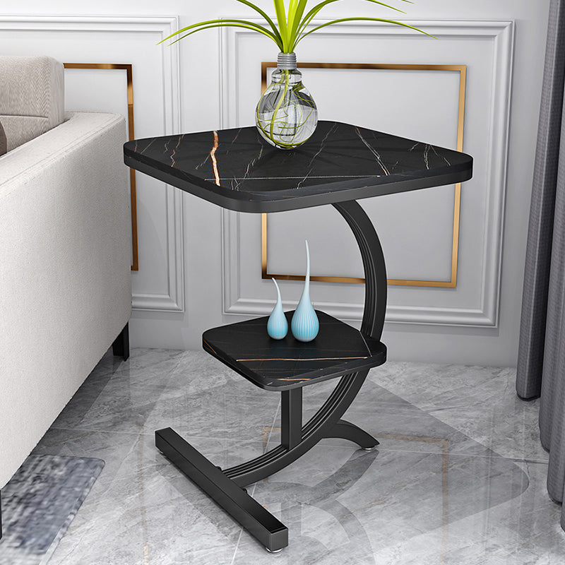 Double Tier Square Slate Top End Table Metal C Side Table for Living Room