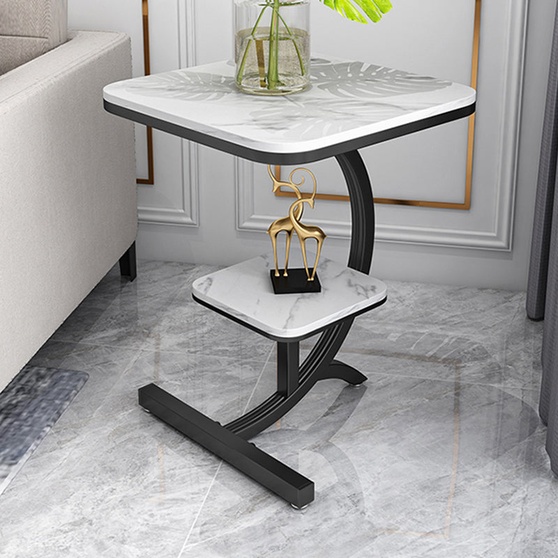 Double Tier Square Slate Top End Table Metal C Side Table for Living Room