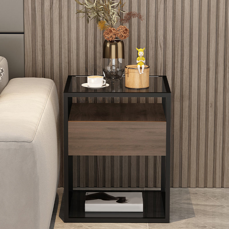 Square Glass/Stone Top End Table 21.26" Tall 1-Drawer Side Table with Storage Shelf