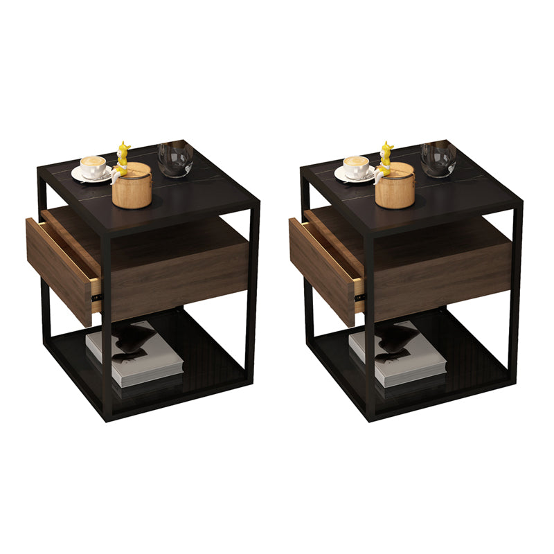 Square Glass/Stone Top End Table 21.26" Tall 1-Drawer Side Table with Storage Shelf