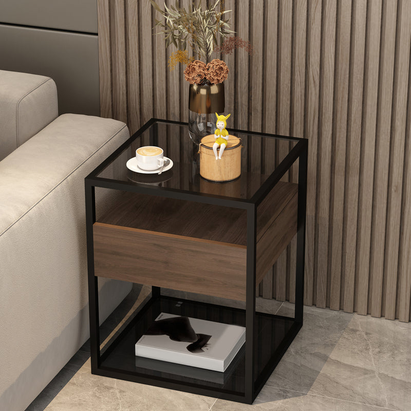 Square Glass/Stone Top End Table 21.26" Tall 1-Drawer Side Table with Storage Shelf