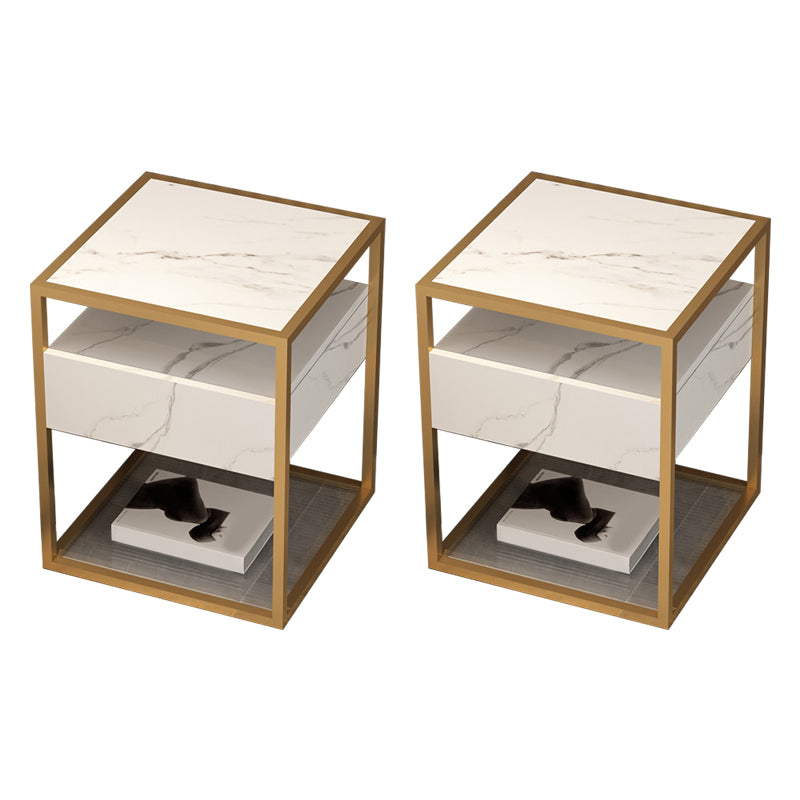 Square Glass/Stone Top End Table 21.26" Tall 1-Drawer Side Table with Storage Shelf