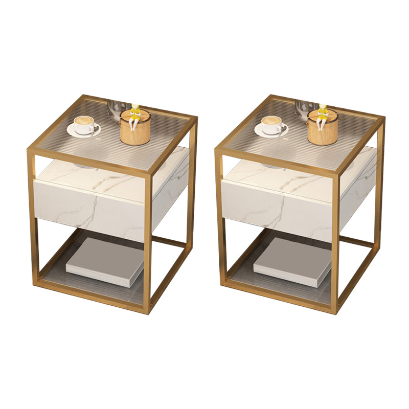 Square Glass/Stone Top End Table 21.26" Tall 1-Drawer Side Table with Storage Shelf