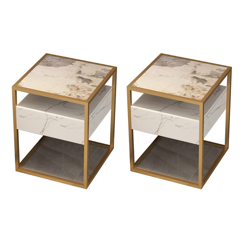 Square Glass/Stone Top End Table 21.26" Tall 1-Drawer Side Table with Storage Shelf