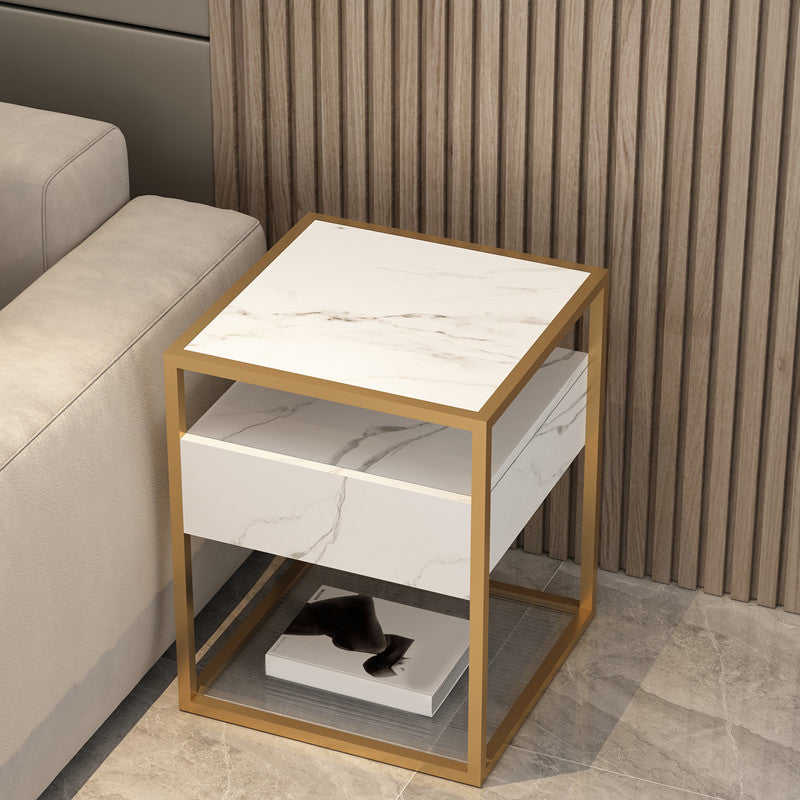 Square Glass/Stone Top End Table 21.26" Tall 1-Drawer Side Table with Storage Shelf