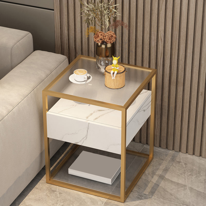 Square Glass/Stone Top End Table 21.26" Tall 1-Drawer Side Table with Storage Shelf