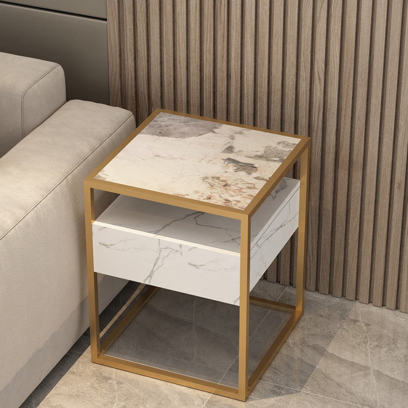 Square Glass/Stone Top End Table 21.26" Tall 1-Drawer Side Table with Storage Shelf
