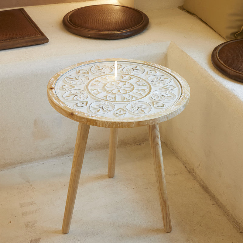 French Country 3 Legs Sofa Side Accent Table Solid Wood Round End Table