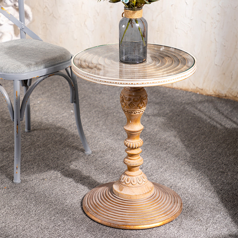 French Country Pedestal End Table Solid Wood Antique Brown/White Side Table
