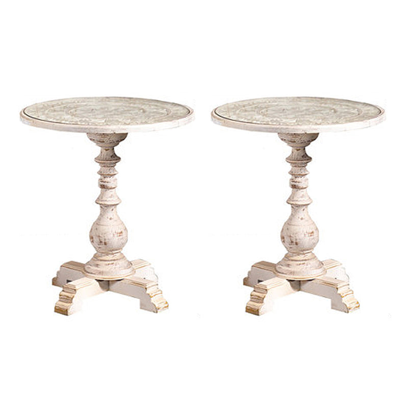 French Country Pedestal End Table Solid Wood Antique Brown/White Side Table