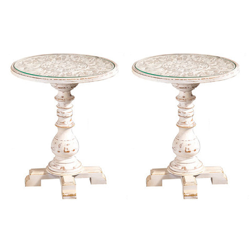 French Country Pedestal End Table Solid Wood Antique Brown/White Side Table