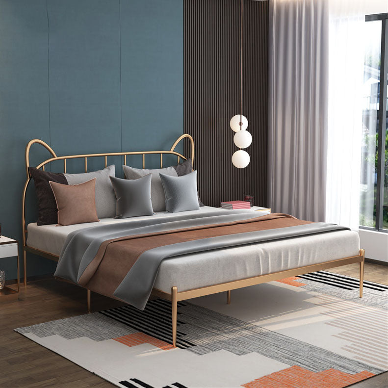 Metal Bed with Headboard High Profile Open-Frame Bed in Gold Finish