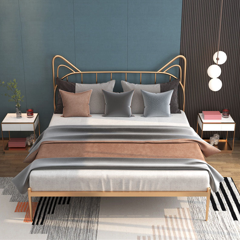Metal Bed with Headboard High Profile Open-Frame Bed in Gold Finish