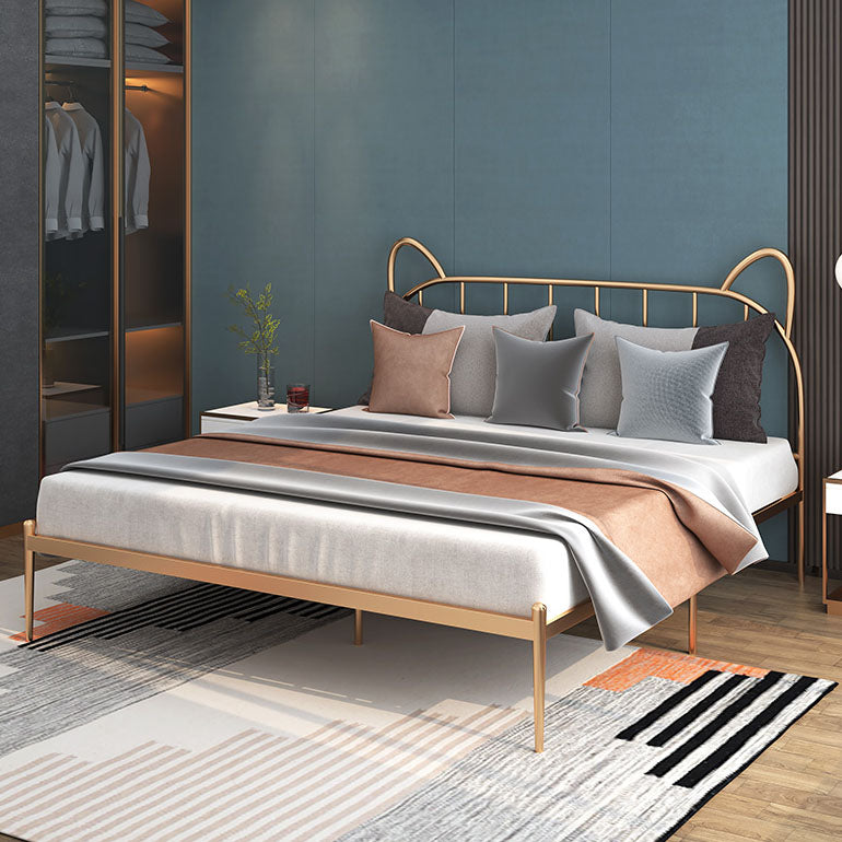 Metal Bed with Headboard High Profile Open-Frame Bed in Gold Finish