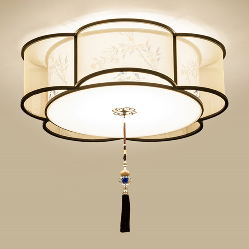 New Chinese Style Ceiling Light Geometry Shape Ceiling Lamp with Fabric Shade for Bedroom