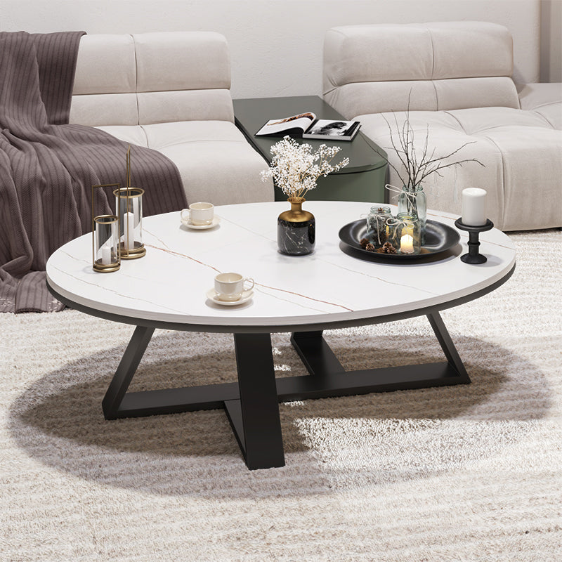 Glam Oval Stone Top Coffee Table with Iron Cross Base Cocktail Table