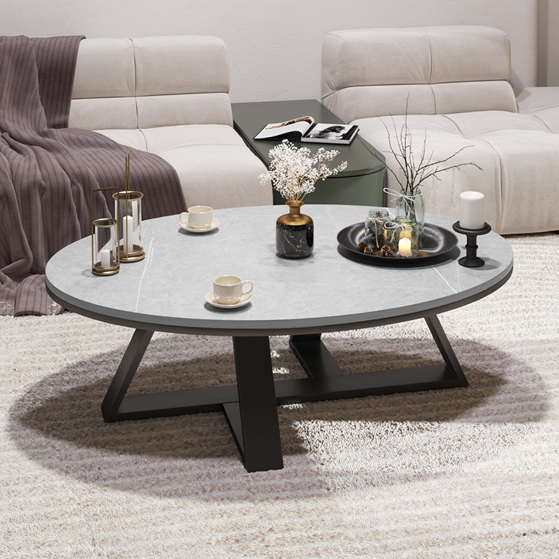 Glam Oval Stone Top Coffee Table with Iron Cross Base Cocktail Table