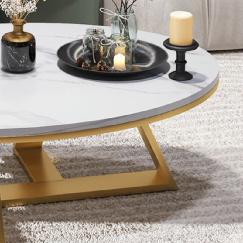 Glam Oval Stone Top Coffee Table with Iron Cross Base Cocktail Table