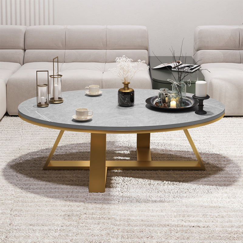 Glam Oval Stone Top Coffee Table with Iron Cross Base Cocktail Table