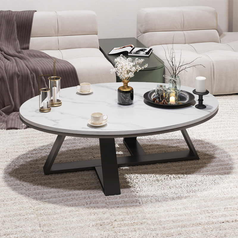 Glam Oval Stone Top Coffee Table with Iron Cross Base Cocktail Table