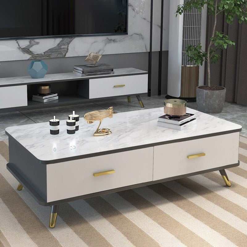 Contemporary Wooden Coffee Table with 4 Legs and 2 Storage Drawers