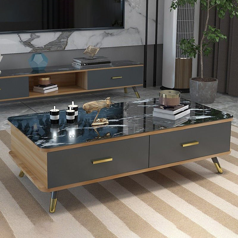 Contemporary Wooden Coffee Table with 4 Legs and 2 Storage Drawers