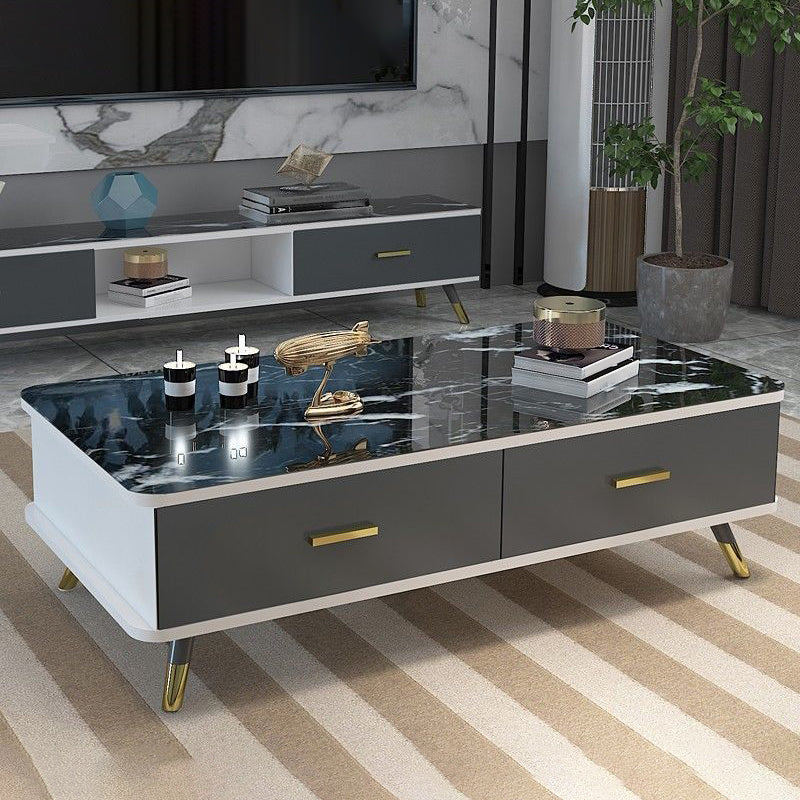 Contemporary Wooden Coffee Table with 4 Legs and 2 Storage Drawers